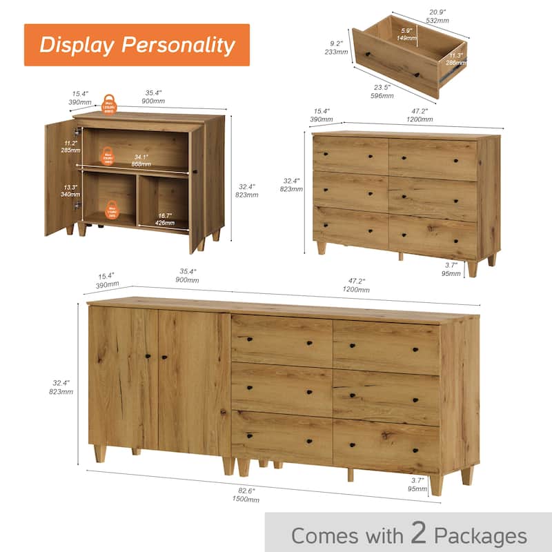 Wood Dresser with 6 Drawers and 1 Cabinet for Bedroom, 83" Wide