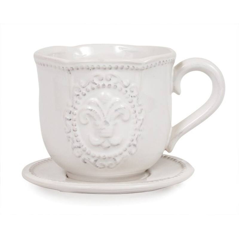 White With Fleur De Lis Pattern Cup and Saucer Planter - White