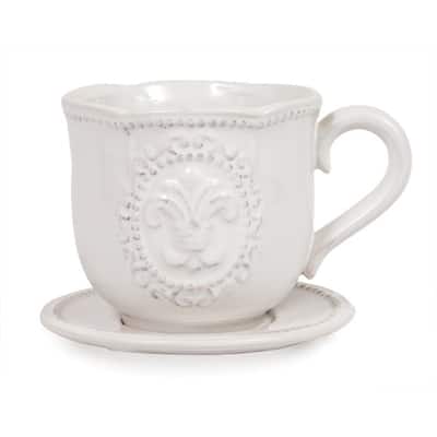 White With Fleur De Lis Pattern Cup and Saucer Planter