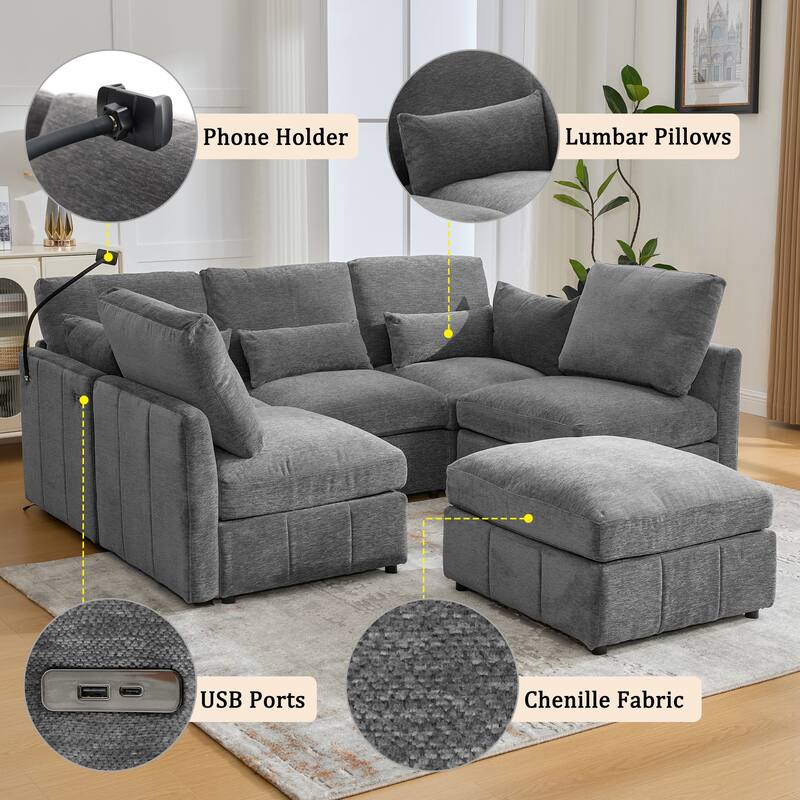 U Shaped Modular Sectional Sofa with Movable Ottoman, Chenille Upholstered 5-Seater Sofa with 2 USB Ports & Phone Holder
