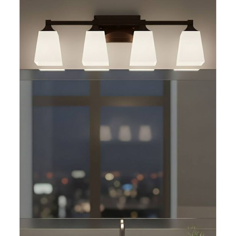 27"w 4-Light LED Bath Vanity Light Oil Rubbed Bronze with White Square Glass Shades