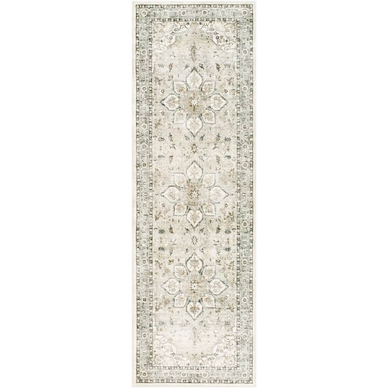 Livabliss Traditional Lavable Medallion Washable Area Rug - 2'6" x 8' - Sage/Brown
