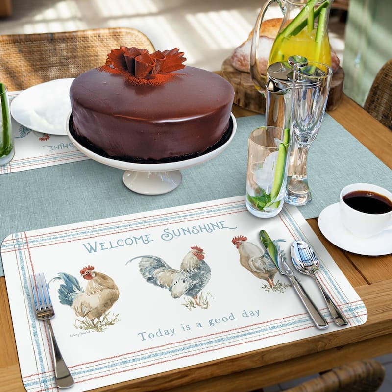 Countryside Roosters 4 Pack Reversible Easy Care Flexible Plastic Placemats Made in The USA BPA Free Easily Wipes Clean