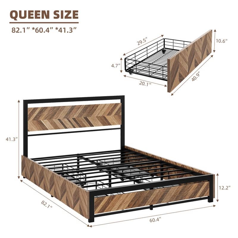 Steel-wood four-drawer bed - Queen