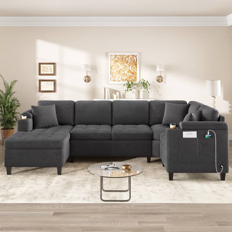 Oversized Corner Sectional, Modern U-Shaped Sectional Sofa with Built-in Storage Boxes and Dual Cup Holders, USB Ports, Pockets - Grey