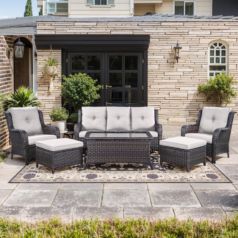Pocassy 6 Pieces Outdoor 3-Seat Sofa Chairs Table Ottoman - Brown Wicker - Beige cushion