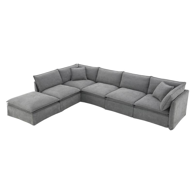 125.5" Chenille Modular 6-Seat Sectional Sofa with Movable Ottoman, Cloud Foam Cushions, and Free Combination Design