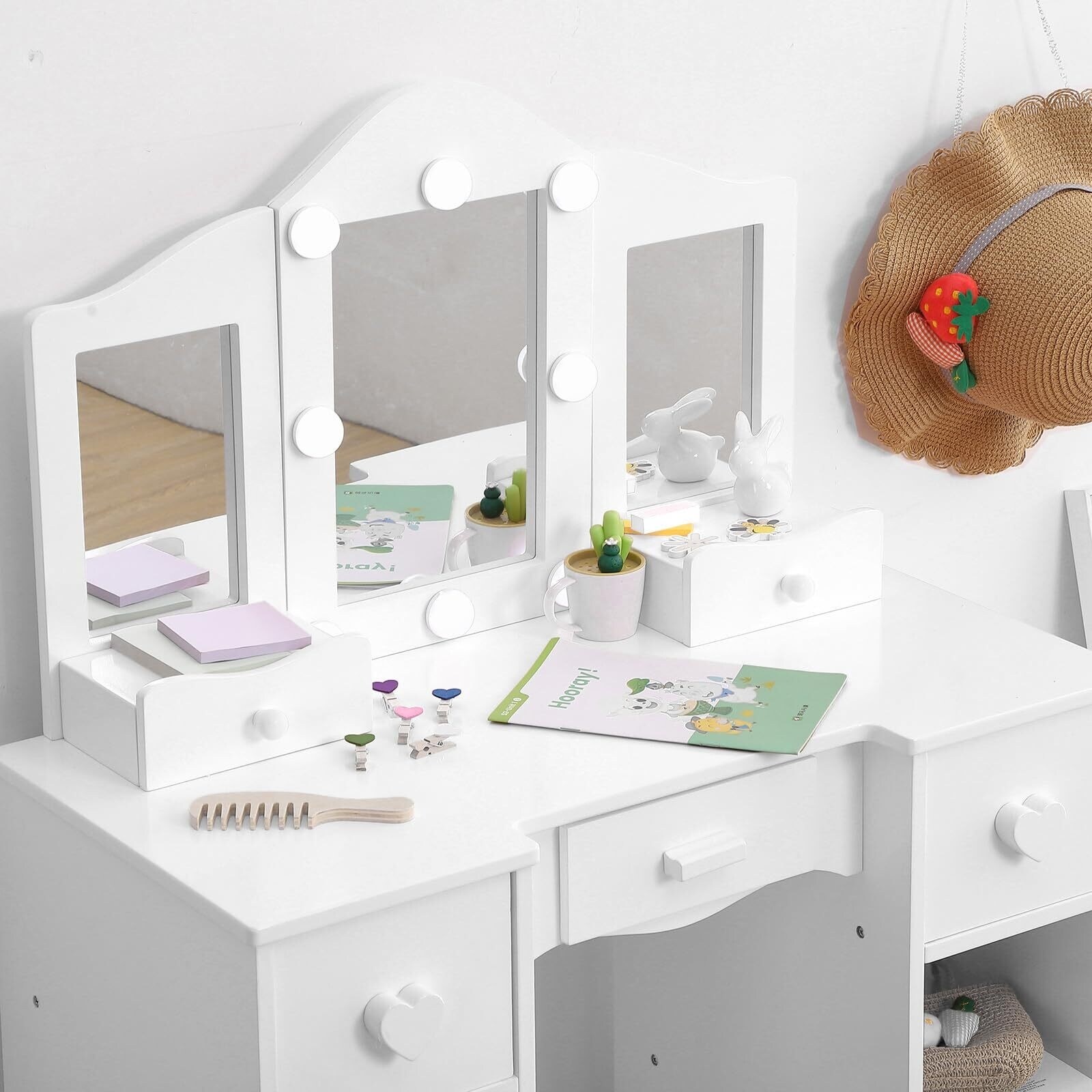 Kids Vanity Girls Vanity Table with Tri Folding Mirror Pink
