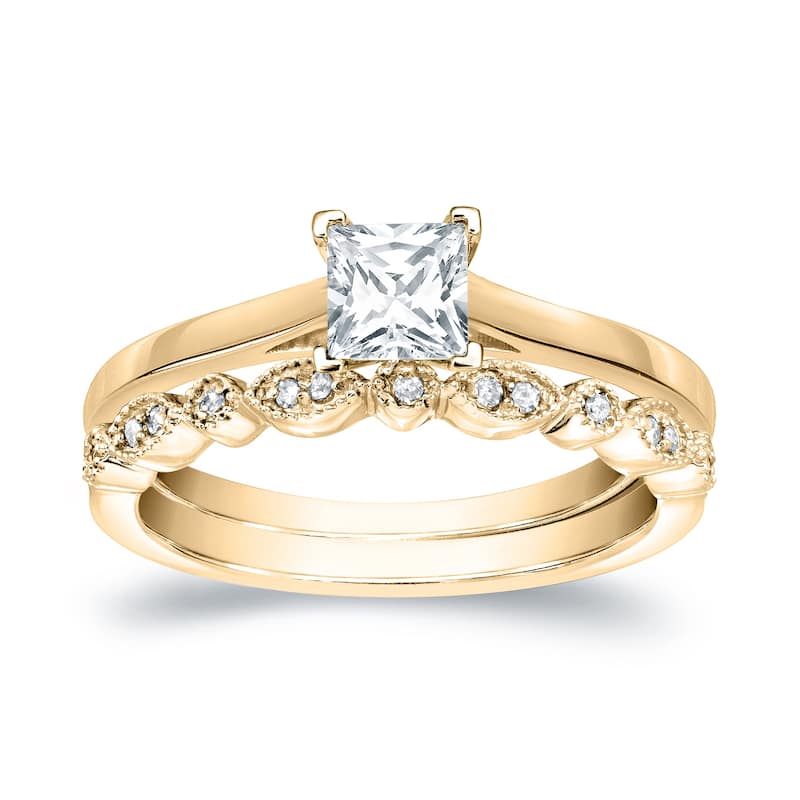 Auriya 14k Gold 1/2ctw Vintage Princess-cut Solitaire Diamond Engagement Ring Set