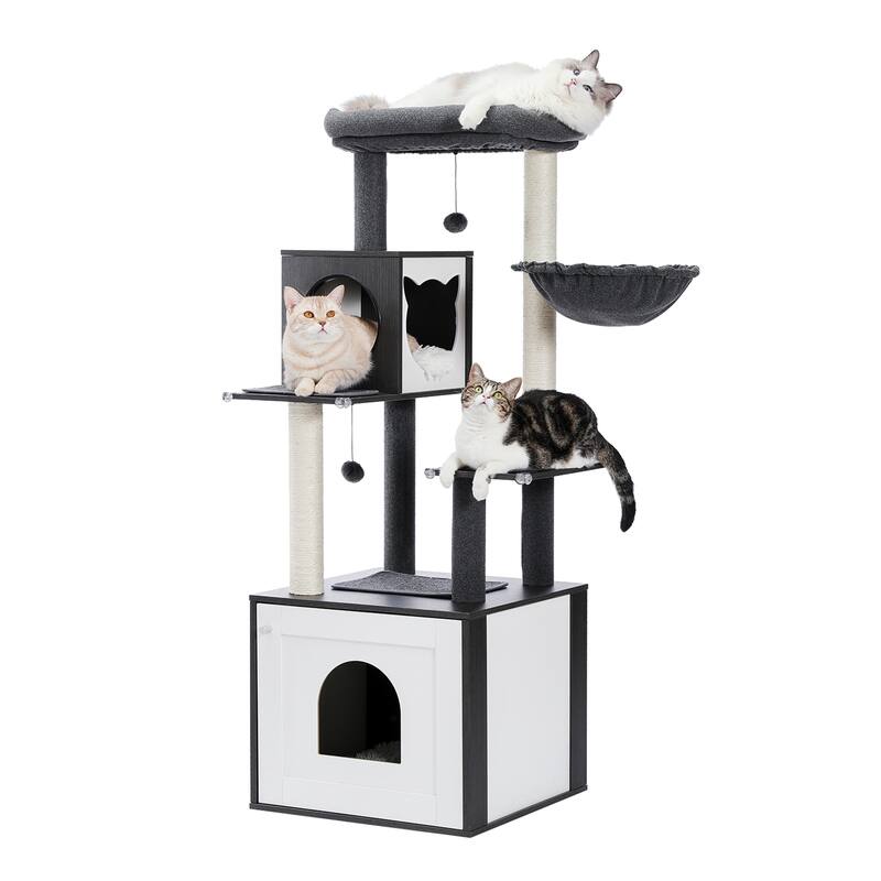 56.7" Cat Tree with Enclosure Large Litter Box, Cozy Cat Condo, Scratching Post and Repalcable Dangling Balls