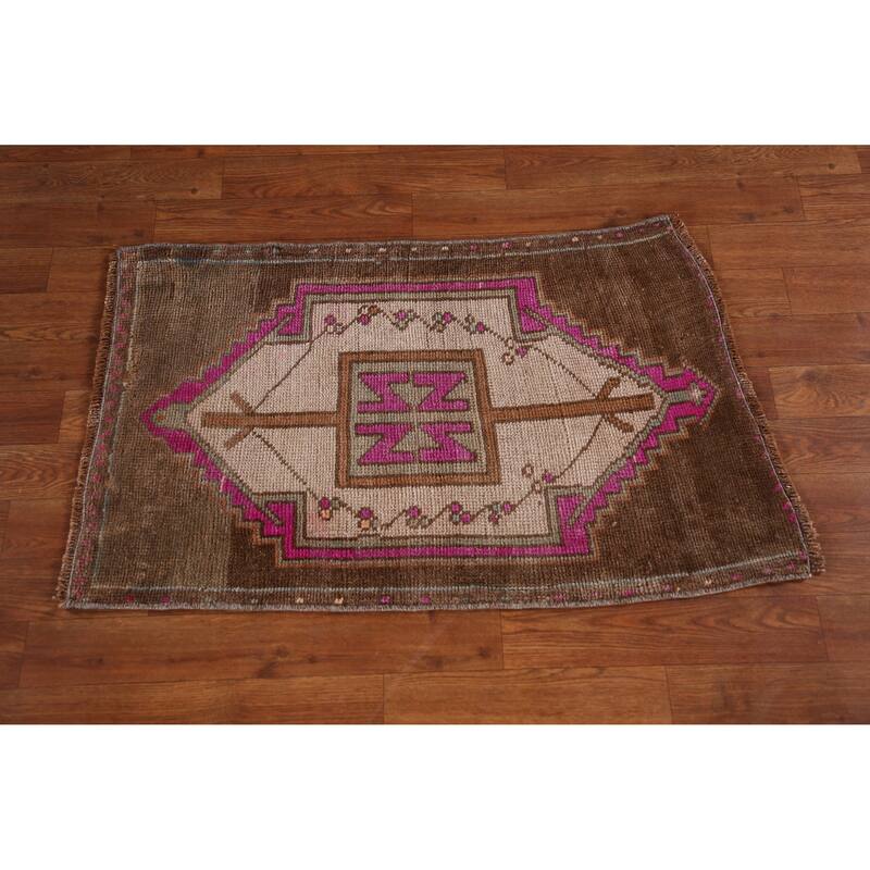 Hand Knotted Oriental 100% Wool Carpet Transitional Medallion Brown Anatolian Area Rug - 2' 11'' X 1' 10''