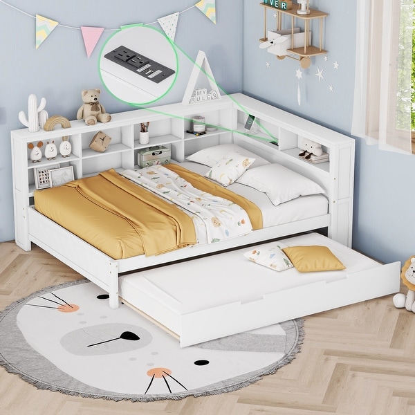 Full Size DayBed Wood Slat Support Panel Bed Frame with Pull out Twin Size Trundle Bed Charging Station Storage Shelf Bed Bath Beyond 40269832