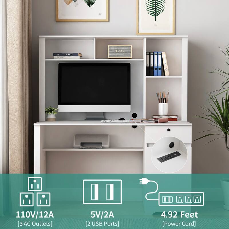 GDFStudio - Sophia Home Office Computer Desk with Hutch, Bookshelf, and Built-In Charging Ports for Productivity