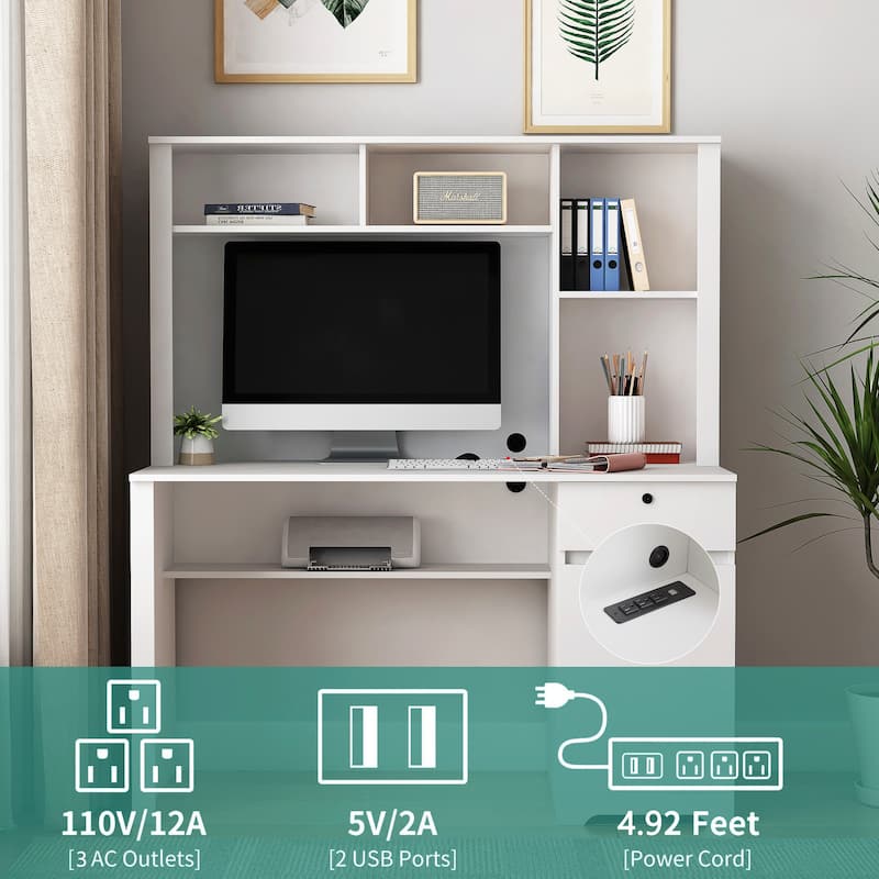 Modern Wood Desk with Bookshelf, Executive Storage Writing Desk for Home, Teens, Gaming Computer Table with Charging Station