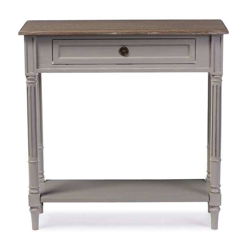 Edouard French Provincial Style White Wash Distressed Wood and Grey Two-tone 1-drawer Console Table - 31.2"H x 31.2"W x 11.7"L