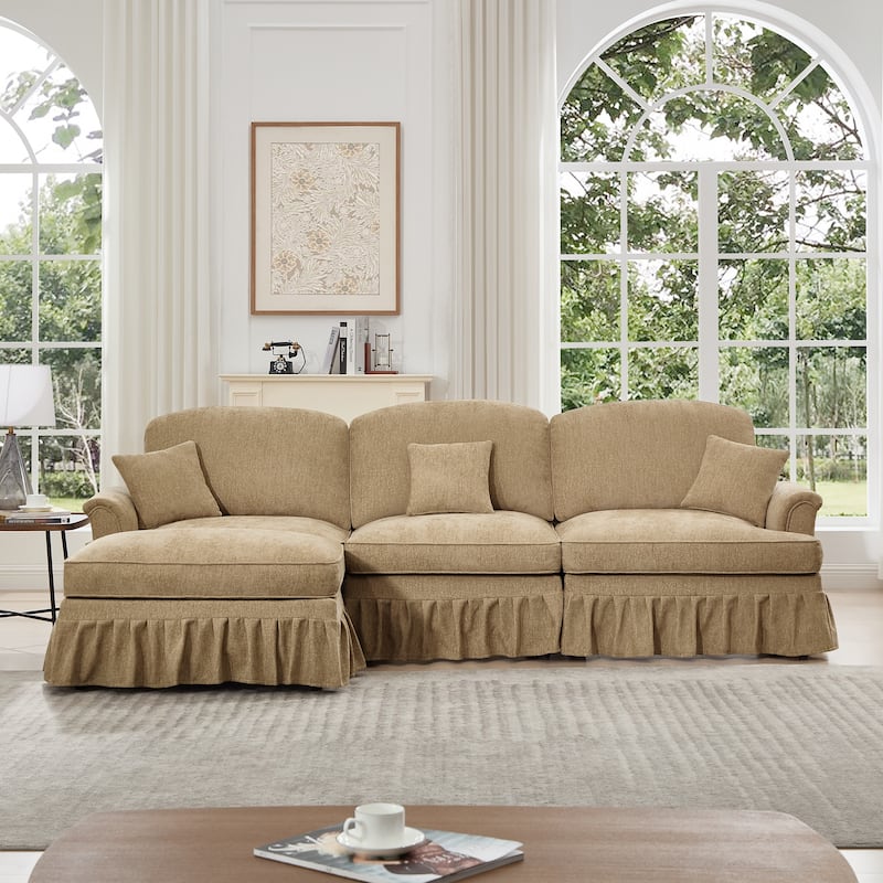 GDFStudio - Mid Century Chenille L-Shaped 3-Seater 107.1" Modular Sectional Sofa with Ottoman - Light Coffee