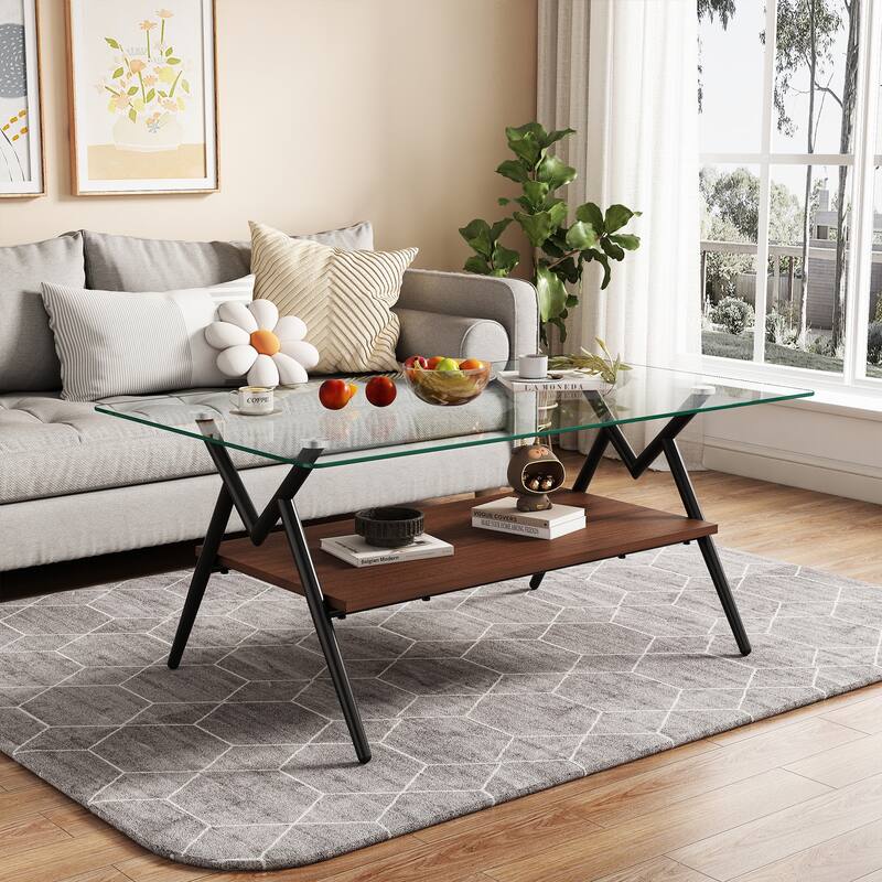 Rectangle Coffee Table with Tempered Glass top and White Metal Legs - N/A - Clear+Brown