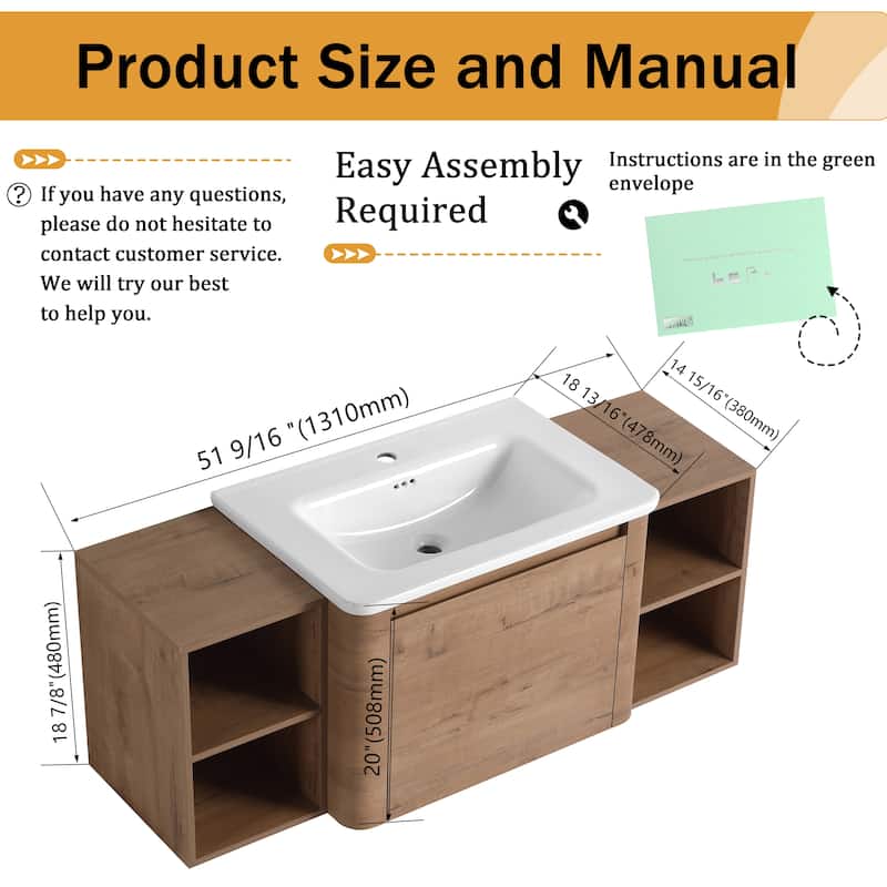 Malwee 28"/40"/52"/68" Floating Bathroom Vanity, Wall Mounted Bathroom Vanity with Ceramic Sink,Soft Close Door and Shelf