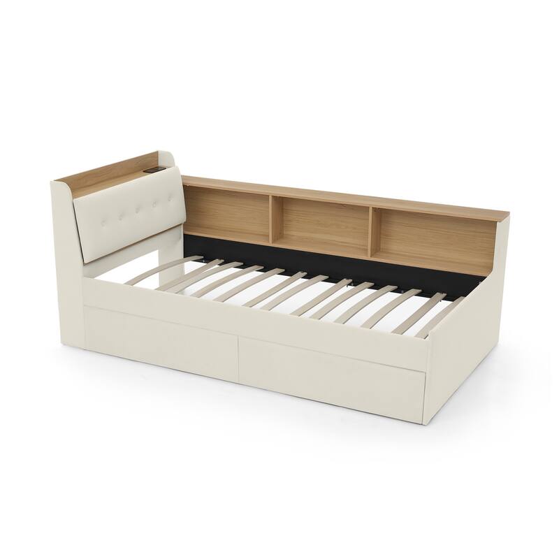 Twin Size Velvet Daybed with Storage, LED Lights, and Wireless Charging, Beige