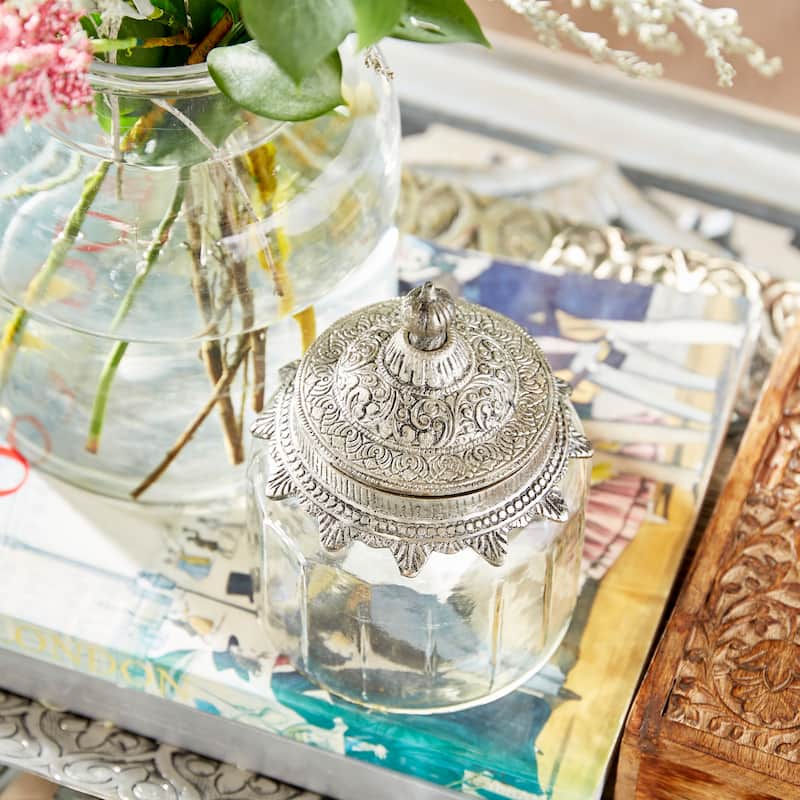 Glass Decorative Jars with Engraved Silver Lids - Set of 3 Clear - Roche River Decor - 7"W x 7"L x 9"H