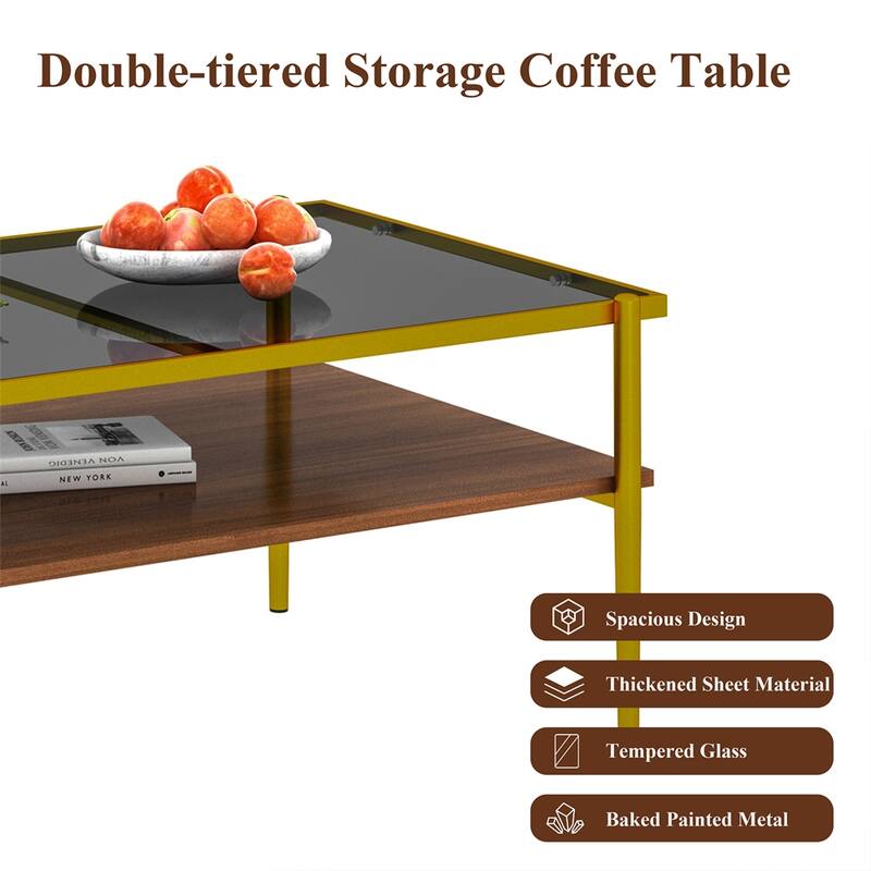 Rectangle Coffee Table with Tempered Glass top and Metal Legs