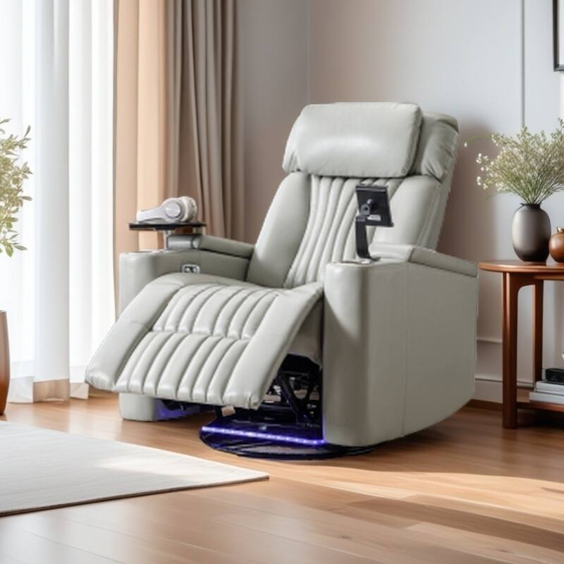 270° Swivel Home Theater Seat with LED Lights, Hidden Arm Storage, Tray Table & Phone Stand, Cup Holders, USB Port - Grey