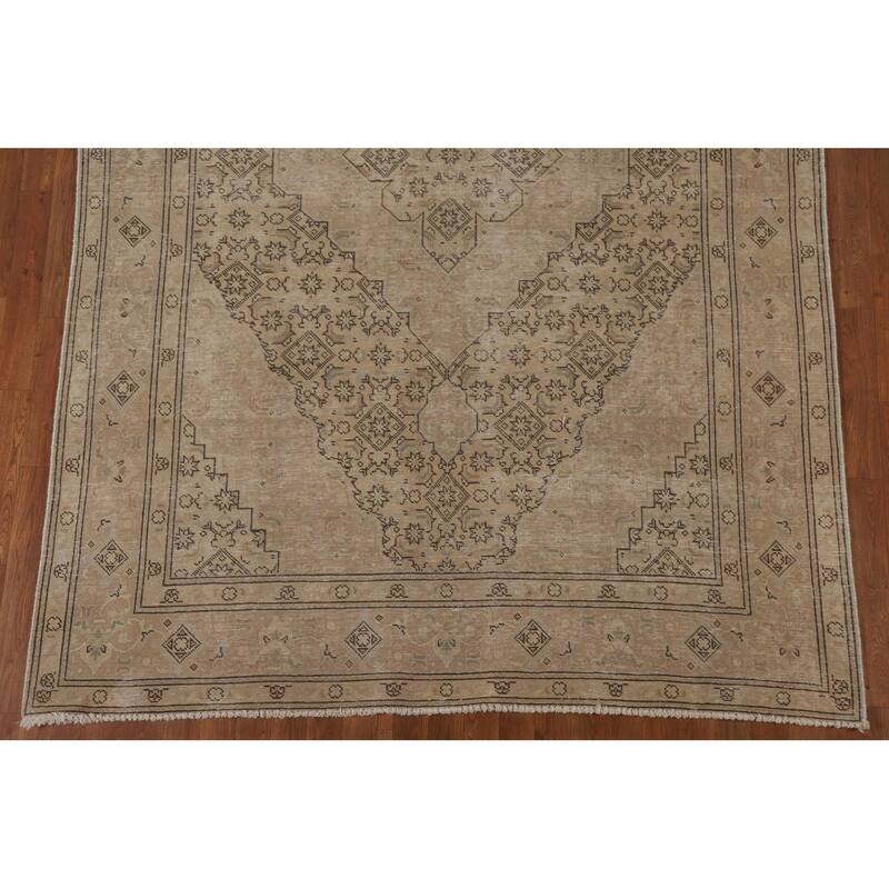 Distressed Tabriz Persian Vintage Rug Handmade Beige Wool Carpet - 6'5" x 9'5"