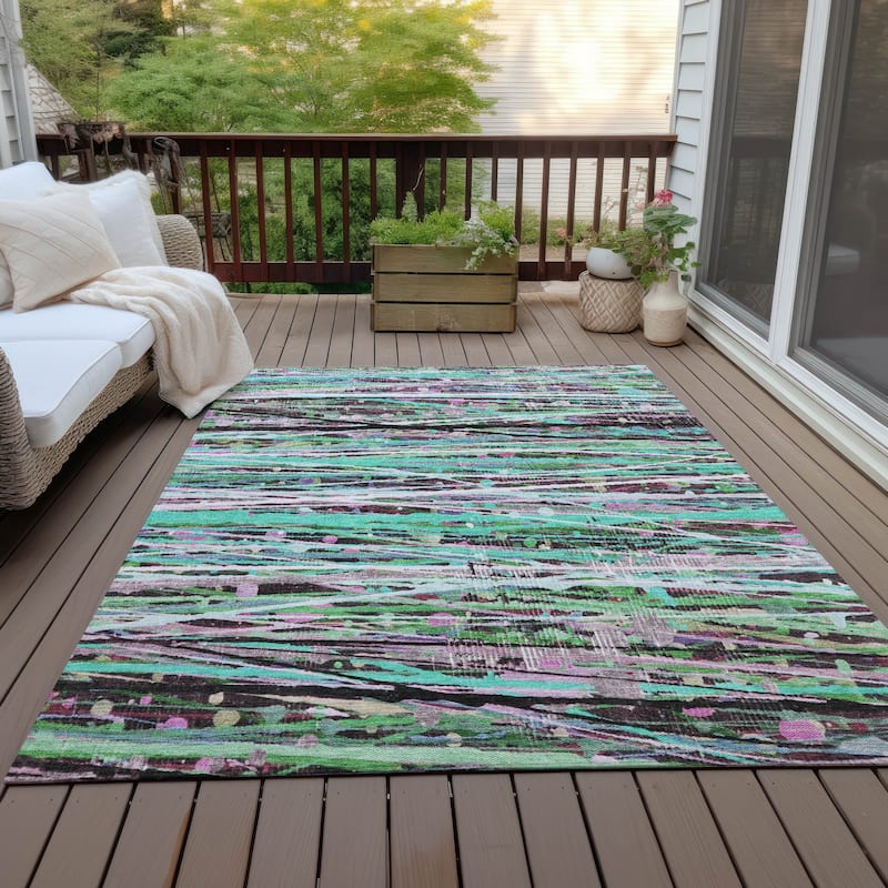 Machine Washable Indoor/Outdoor Abstract Stripes Chantille Rug - Teal - 9' x 12'
