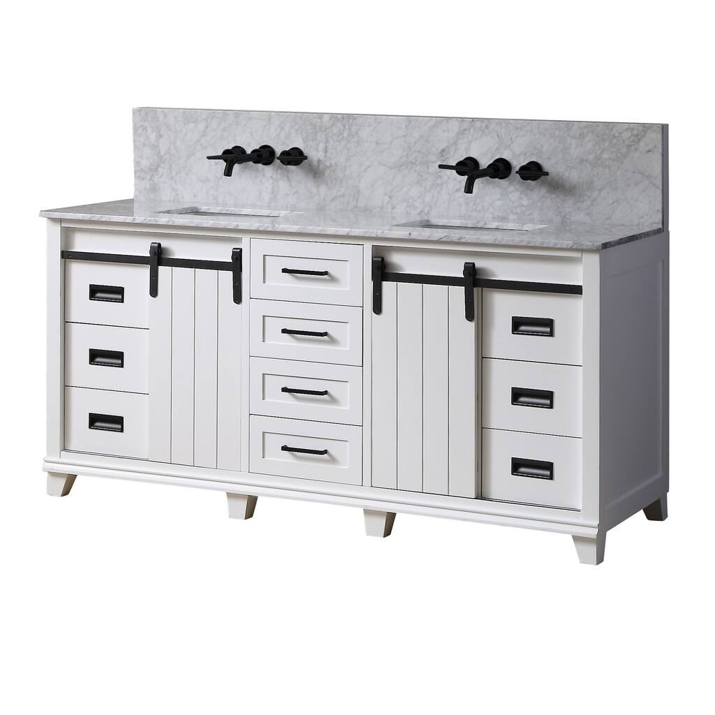 Premium Chanceton 72 in. Vanity in White with White Carrara Marble Top with white basins