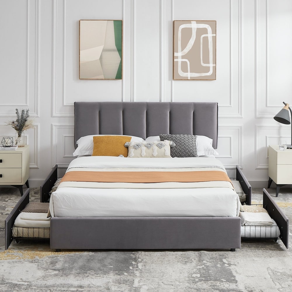 Javlergo Bed Frame with Storage Drawers, Upholstered Platform Bed Frame with Adjustable Headboard