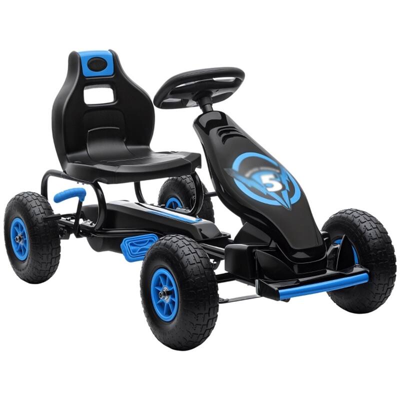 Kids Pedal Go-Kart with Adjustable Ergonomic Seat and Handbrake Shock Absorbers for 5-12 Years Old - 47.75" L x 22.75" W x 24" H - Blue-Black