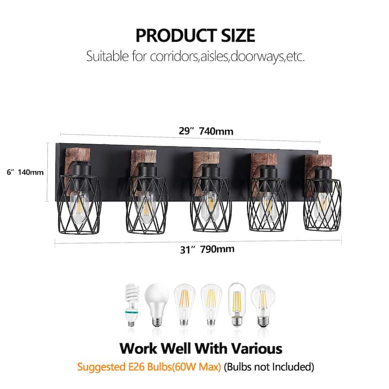 31" 5-Light Industrial Wall Sconce - Black Cage - Wood - Bathroom(Bulb Not Included)