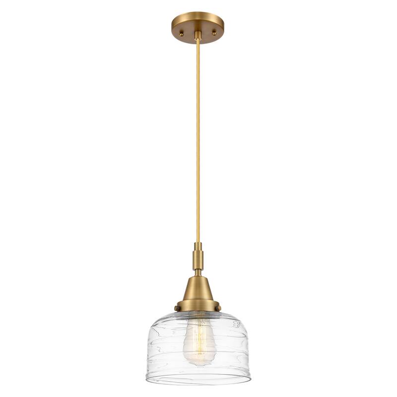 Innovations Lighting Downtown Urban - Caden Bell - 1 Light 8" Cord Hung Mini Pendant - Brushed Brass/Clear Deco Swirl Shade