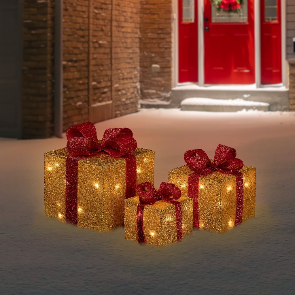 3 Gold Red Gift Boxes with Bows Lighted Christmas Outdoor Decorations