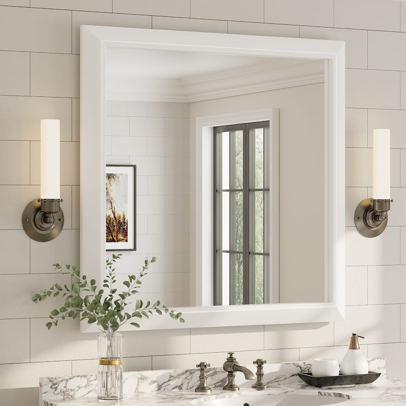 Beveled Metal Rectangle Framed Bathroom Vanity Tempered Glass Mirrors - 36" x 36" - White