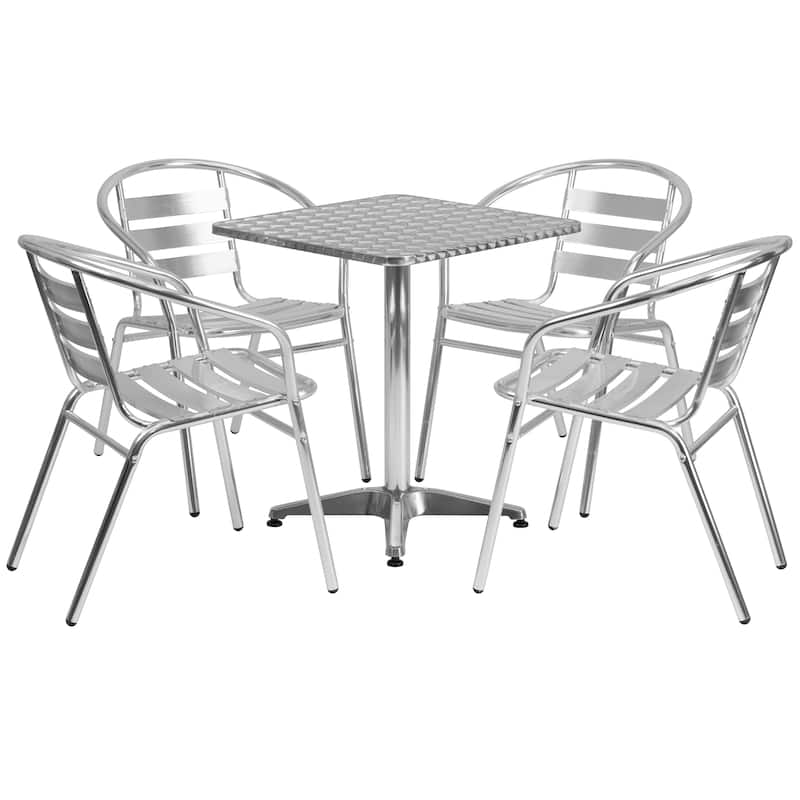 23.5" Square Aluminum Indoor-Outdoor Table Set with 4 Slat Back Chairs