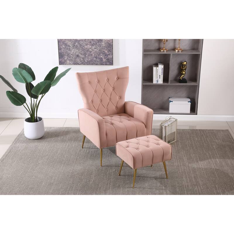 Pink Velvet Lounge Chair Office Chair with Footrest, Minimalist Reading Chair Reception Chair with Wing Backrest