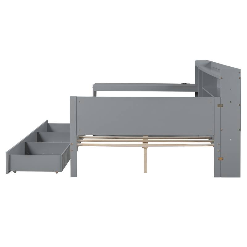 Full Size Wooden Daybed with Drawers, USB Ports, and Integrated Desk, Gray