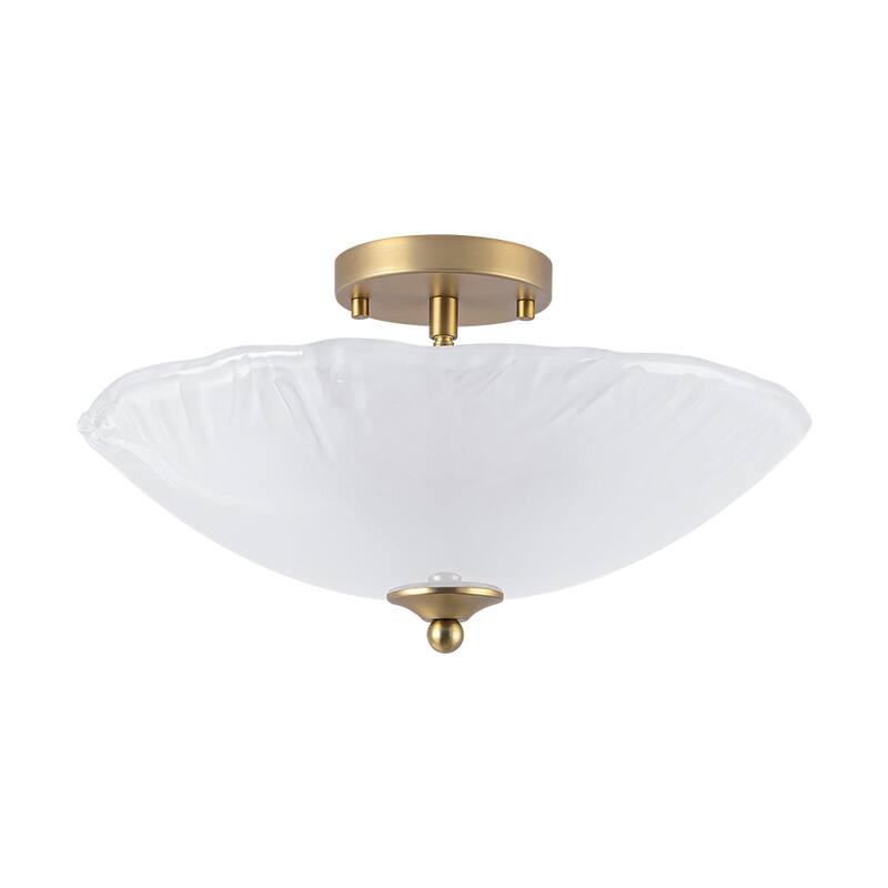 Mid-Century Brass Round Glass Bowl Semi Flush Ceiling Light 15in