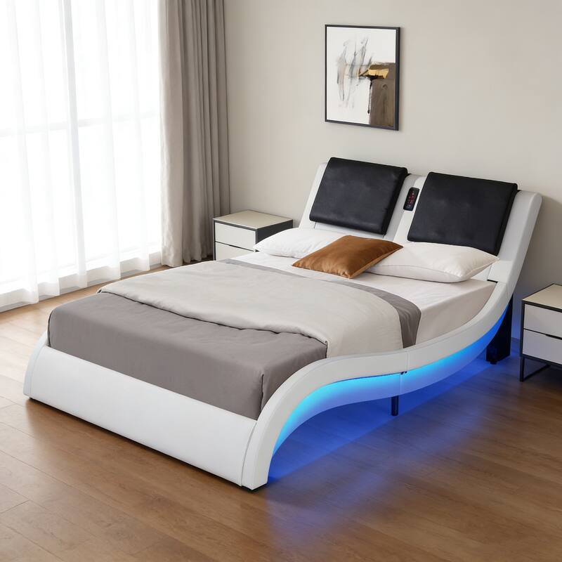 Queen Faux Leather Upholstered Platform Bed Frame with LED lighting, Bluetooth connection to play music control
