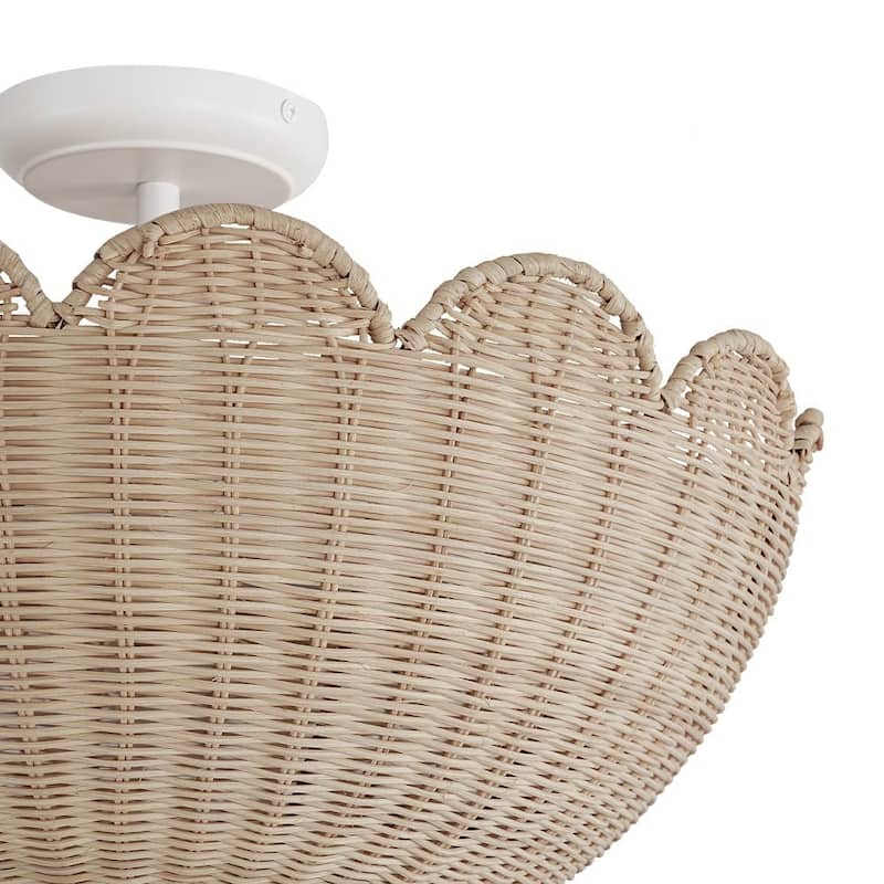 2-Light Coastal Style Scallop Rattan Semi Flush Mount - N/A