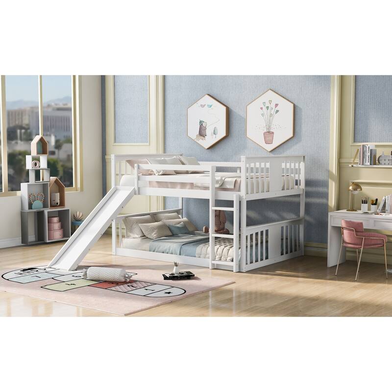 Full Over Full Bunk Bed with Ladder and Slide, White, Space-Saving Design