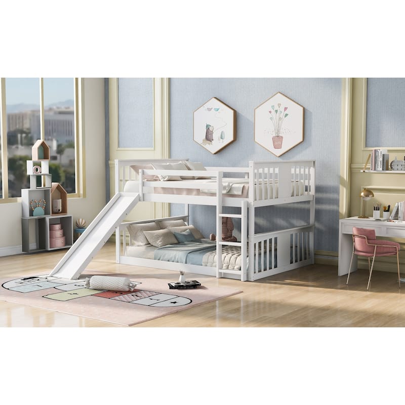 Roomfitters Full Over Full Bunk Bed with Slide and Ladder, Modern Space-Saving Twin Sleep Frame, White