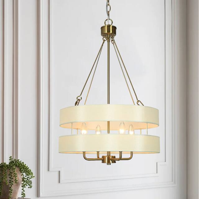 Transitional Modern Chandelier Drum Electroplate Brass 4-light Gold Metal Off-white Fabric Ceiling Light