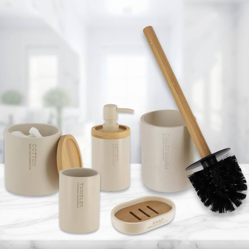 Bathroom Essentials Set Natural Bamboo Bath Set Accessories 5 pieces - Beige