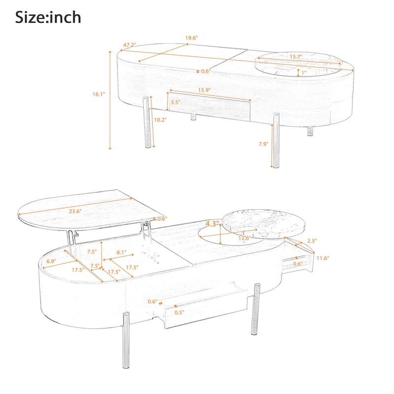 47.2" Lift Top Coffee Table with 360° Rotating Tray - Marble-Patterned Modern Oval Table with Hidden Compartment for Living Room