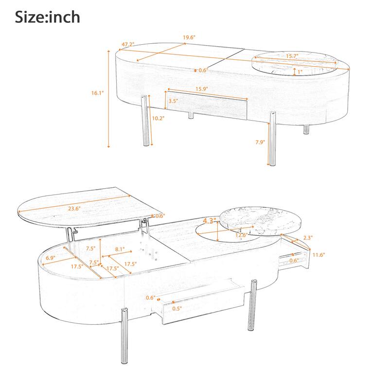Roomfitters Lift Top Oval Coffee Table with Rotating Marble Tray and Hidden Compartment