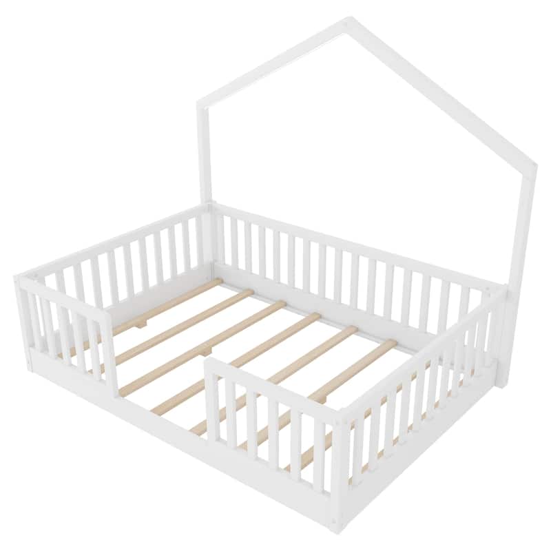 Wooden Floor Bed House-shaped Frame, Montessori Floor Bed with Light and High Rails, Wood Slat Support Floor Daybed