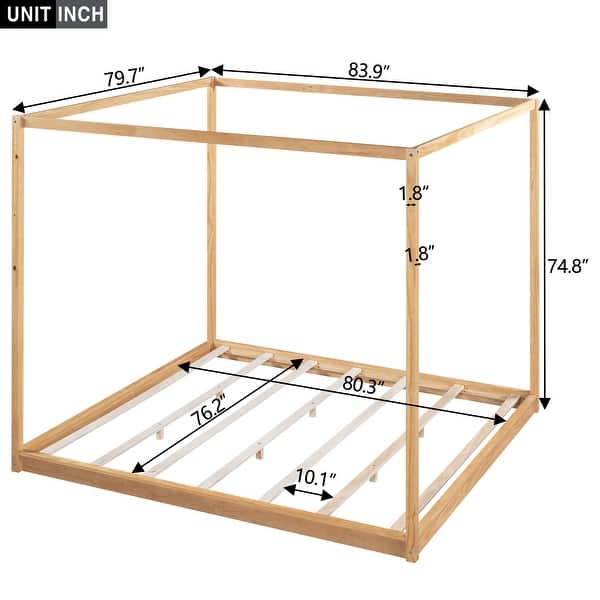 dimension image slide 1 of 2, Durable King Canopy Platform Bed with Customizable Curtain Options, Natural