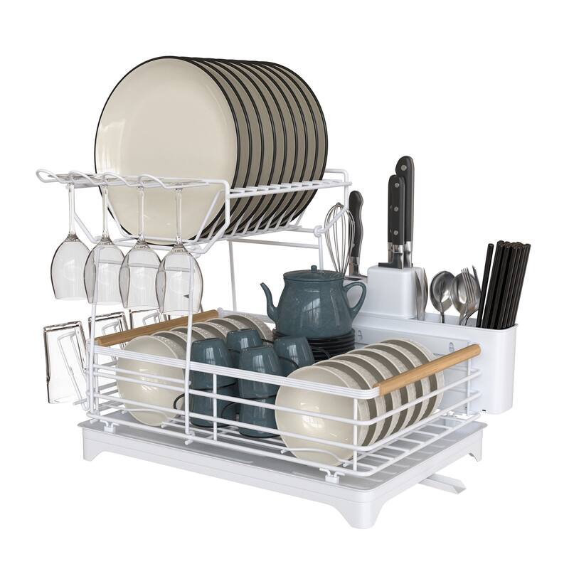 Double-Layer Dish Rack with Bamboo Handle - White
